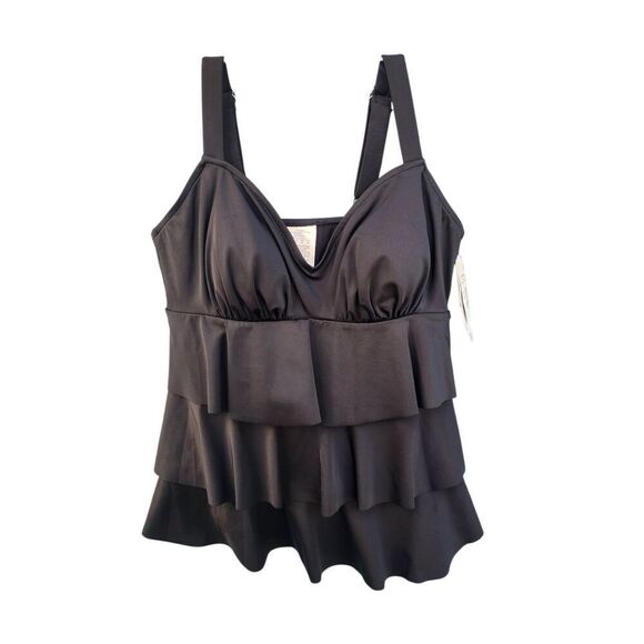 Swim Solutions Triple Pleat Tankini Ruffled Swim Top Black Womens Size 8 - Picture 4 of 8
